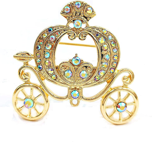 Stunning Gold Tone Opens AB Crystal Accent Pumpkin Carriage Pin Brooch Fair Tale Jewelry...