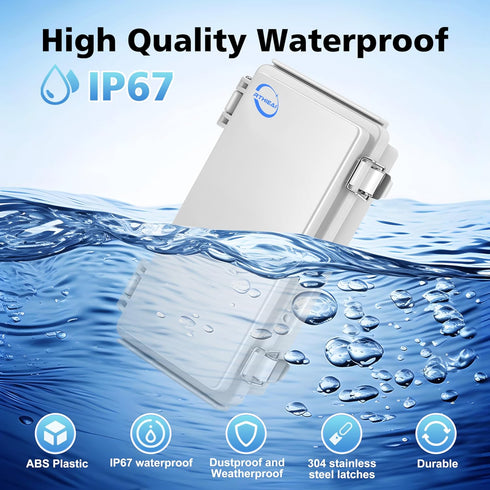 Waterproof Outdoor IP67 Junction Box (7.9"x3.9"x2.8") with Mounting Plate, Hinged Grey Cover and Wall Brackets - Weatherproof ABS Plastic Electric...
