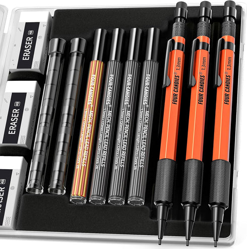 Four Candies 3PCS 1.3mm Mechanical Pencil Set with Case, Metal Heavy Duty Carpenter Pencils with 48 Refill(Red,Black,Yellow) 3Eraser, 12Eraser Ref...