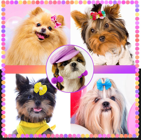 100pcs Dog Hair Bows, Bulk Cute Puppy Pet Small Dog Hair Bows with Rubber Bands, Mix Handmade Flower Puff Ball Rhinestone Pearls Dog Bows, Yorkie ...