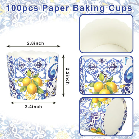 100Pcs Blue Tile Lemon Paper Baking Cups Yellow Blue Lemon Cupcake Wrappers Scalloped Edge Cupcake Muffin Cases for Summer Lemon Party Supplies...