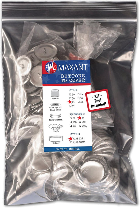 50 Buttons to Cover - Made in USA - Self Cover Buttons with wire Eyes - size 45 with Tool...