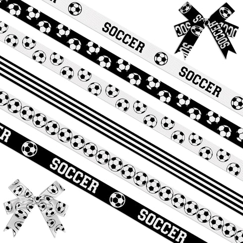 6 PCS Sports Soccer Ribbons for Crafting, 3/8" Width Grosgrain Ribbon Black White Stripes Ribbon Soccer Ball Craft Ribbons for Sports Party Decor ...