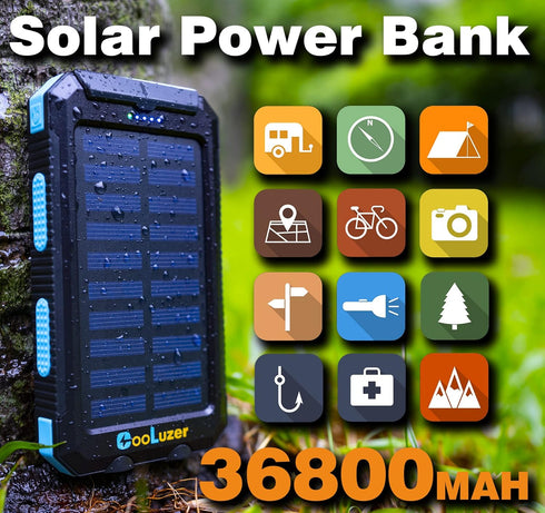 Solar Power Bank 36800mah, Solar Charger Power Bank with 18W PD 5V 3.1A outputs, IP67 Waterproof, Grade A+ Battery with LED Flashlight and Compass...
