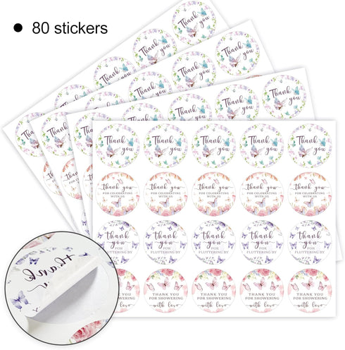 80 Butterfly Thank You Stickers, Thank You for Fluttering by Stickers, Perfect for Girls Baby Shower, Wedding, Bridal Shower, Birthday Party Favor...