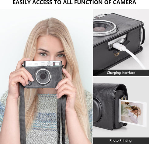 Mini EVO Camera Case, Vintage Leather Case Compatible with Fujifilm Instax Mini EVO, Fuji Instax Mini EVO Cover with Adjustable Strap - Black...