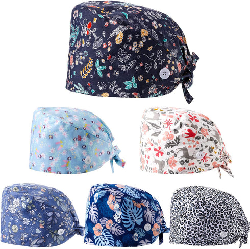 Geyoga 6 Pieces Women Scrub Caps Surgical Caps with Buttons Working Adjustable Sweatband Bouffant Hats...