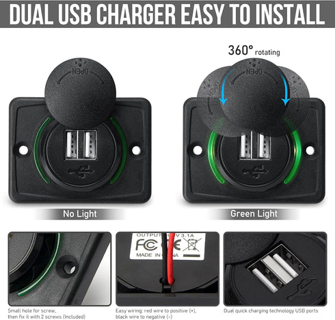 12V RV USB Charger, Quick Charger 3.0 Wall Mount USB Charging Station with Green Indicator Light and Cap for Car Camper Boat Marine SUV ATV (Black...