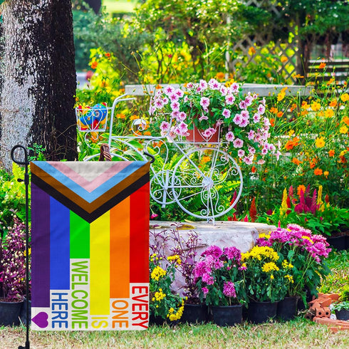 Pride Progress Garden Flag, Everyone is Welcome Here Small Yard LGBTQ Rainbow Garden Flag for Pride Month Outside Outdoor Hanging Decorations 12x1...