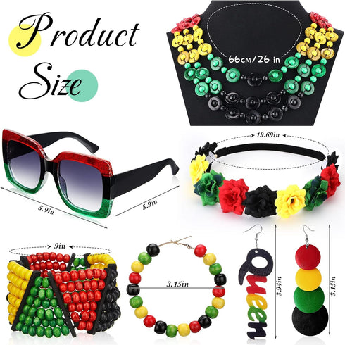 7 Pieces Jamaica African Jewelry for Women, Rasta African Beads Earrings Afro Beaded Bracelet Queen Wooden Earrings Bohemian Coconut Shell Necklac...
