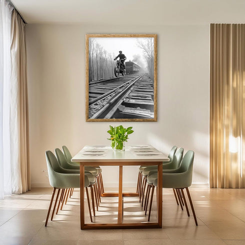 Posterizer 1 pcs-black and white photo-motorcycle on train track 2-Photography Art-Retro Art-Decor for Home & Office- unframed wall art...
