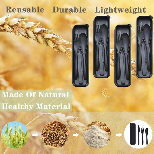 Reusable Travel Utensils Set with Case, 4 Sets Wheat Straw Portable Plastic Fork Spoons Knife Cutlery, Camping Eco-Friendly BPA Free Tableware for...