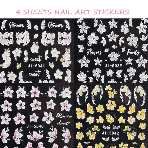 Flower Nail Art Stickers Decals 5D Embossed Spring Nail Decals 3D Self-Adhesive Nail Art Supplies Yellow Pink White Kapok Camellia Design Nail Acc...