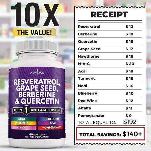 NEW AGE Resveratrol 6000mg Berberine 3000mg Grape Seed Extract 3000mg Quercetin 4000mg - Polyphenol Supplement for Women and Men with Noni Extract...