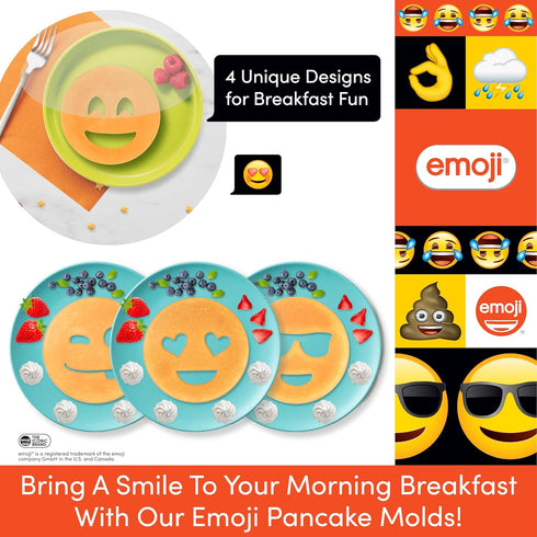 Emoji Pancake Molds & Egg Rings- 4 Pack for Kids AND Adults- Reusable Silicone Smiley Face Maker Doubles as Cookie Cutter- Breakfast Treat, Baking...