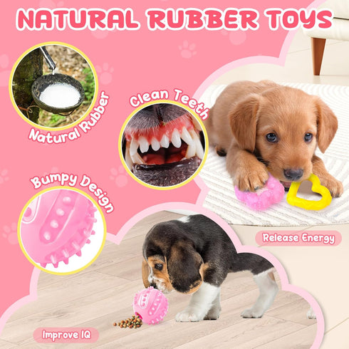 Pink Puppy Toys - 9 Pack Puppy Chew Toys for Teething, Interactive Dog Toys for Puppies, Small Dog Toys with Squeaky Dog Chew Toys, Treat Ball and...