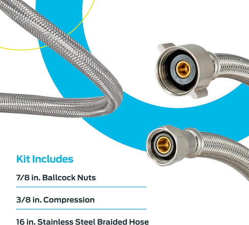 Eastman 16 Inch Flexible Toilet Connector, 7/8 Inch Ballcock x 3/8 Inch Compression, Stainless Steel Braided Hose, 48089...