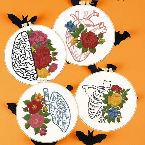 BEUNITONE 4 PCS Brain Embroidery Kit Heart Flower Cross Stitch Kit for Adults Lung Embroidery Starter Kit Bone Needlepoint Kit for Beginners Inner...