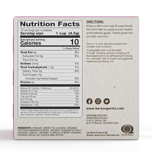 BareOrganics Radiant Tea withuperfoods & Probiotics | Compatible Tea Pods | USDA Certified Organic, Vegan, Non-GMO & Recyclable, 10ctingleerve Cup...