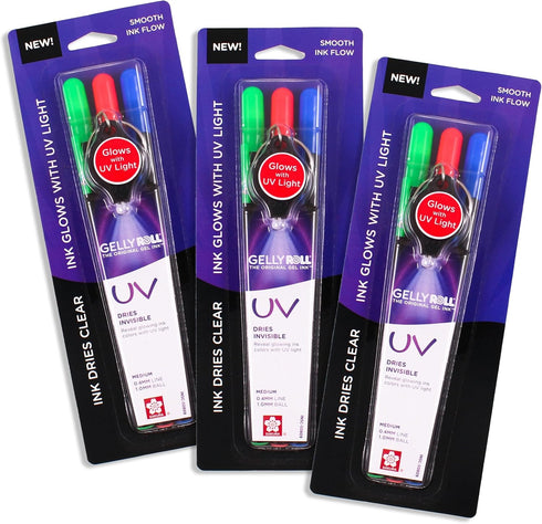 SAKURA Gelly Roll UV Pen - UV Gel Ink Pen - Invisible Ink Pen - With UV Keychain Flashlight - Bold Ink Pen for Art or Drawing - Red, Green & Blue ...