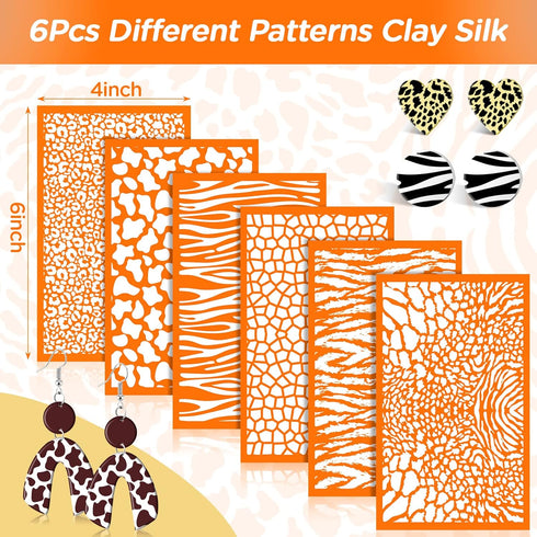 RUMIA 6 Pcs Silk Screen Stencils for Polymer Clay Reusable Animal Print Leopard Silk Screen Stencils for Printing on Clay Earrings Jewelry Decorat...