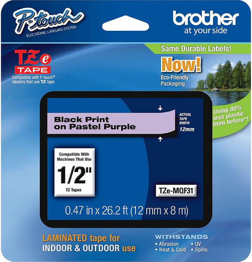 Brother Genuine P-touch TZE-MQF31 Tape, 1/2" (0.47") Wide Standard Laminated Tape, Black on Pastel Purple, Laminated for Indoor or Outdoor Use, Wa...