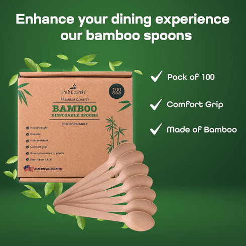 100 Count All Natural Eco-Friendly Bamboo Heavyweight Spoons 6" - Durable, Heat Resistant and Comfortable to Hold - The Perfect Alternative to Pla...