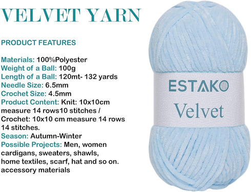Estako Velvet Chenille Blanket amigurumi Yarn for Crocheting and Knitting Super Bulky 100 gr (132 yds) (1220 - Blue)...