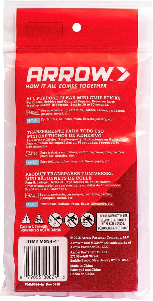 Arrow MG24-4 All Purpose Mini Glue Sticks for Hot Glue Guns, Use for High Temp and Low Temp Crafting, Hobbies, and General Repair Projects, 4-Inch...