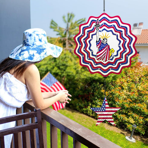 12 Inch 3D Patriotic Wind Spinner for Yard and Garden Outdoor Décor,3D Kinetic Metal Wind Sculptures,12 Inch Red White & Blue Statue of Liberty De...