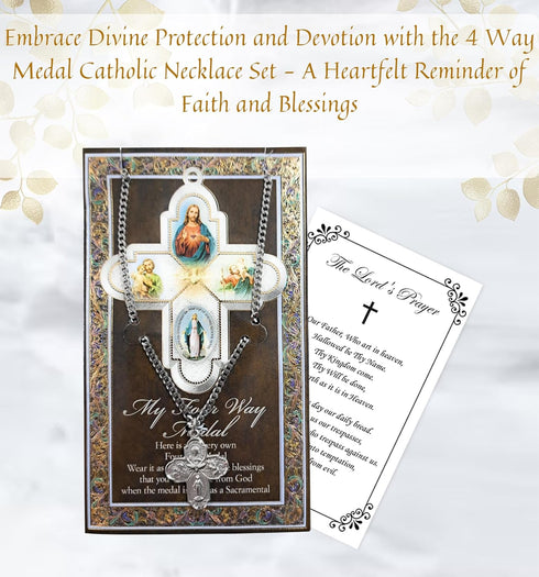 4 Way Medal Catholic Necklace with The Lord's Prayer Card | Pewter Four Way Medal Catholic Jewelry | 4 Way Miraculous Medal with Biography and Pra...