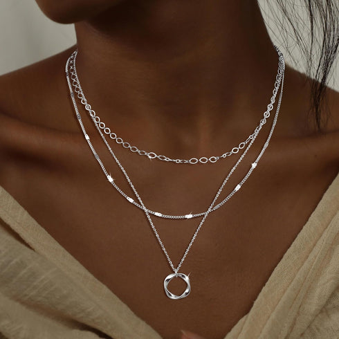 Silver Layered Necklaces for Women, Stackable Dainty Silver Choker Necklaces for Women Trendy Layering Circle Bar Pendant Chain Necklace Fashion J...