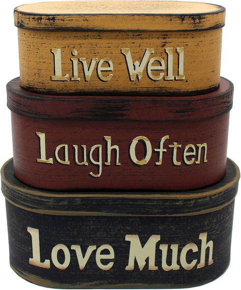 CVHOMEDECO. Primitives Vintage Oval “Live Well, Laugh Often, Love Much” Cardboard Nesting Boxes, Large 9-3/4 x 5-1/2 x 4 Inch, Set of 3....