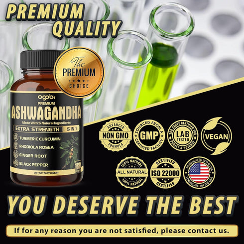 5in1 Premium Ashwagandha Capsules - Added Turmeric, Rhodiola Rosea, Ginger, Black Pepper - Strength, Spirit & Immune Support - 180 Caps for 6 Mont...