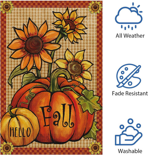 Hello Fall Garden Flag 12 x 18 Inch Vertical Double Sided Burlap, Pumpkin Fall Garden Flags Autunm Sunflower Yard Flag for Seasonal Yard Thanksgiv...