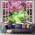 Japanese Cherry Blossom Window Tapestry Tree Forest Path Pink Flowers Window Tapestry Botanical Floral Natural Landscape Aesthetic Tapestry for Li...