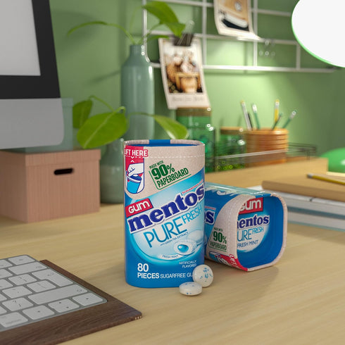 Mentos Pure Fresh Sugar-Free Chewing Gum with Xylitol, Fresh Mint, in a recyclable 90% Paperboard Bottle, 80 Piece (Pack of 1)...