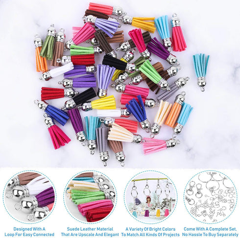 Keychain Tassles, Cridoz 300pcs Bulk Keychains Ring Set Includes 50pcs Tassels for Crafts, 50pcs Keychain Clips, 50pcs Key Chain Rings, 100pcs Jum...