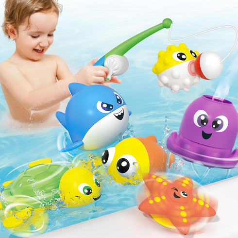 JOYIN Baby Bath Toy Set - Magnetic Fishing Toy with Fishing Rod, Soft Puffer & Clown Fish, Spinning Octopus and Starfish, Wind-up Shark and Turtle...