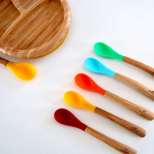 Avanchy Infant Baby Spoons Bamboo and Silicone Set, Self Feeding Food Utensils, 4 Months Baby Led Weaning, 2 Pack, Black...