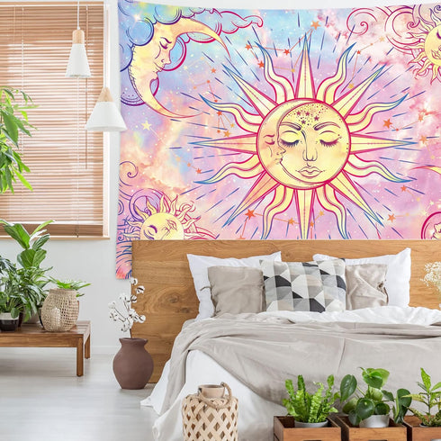 Ohjijinn Pastel Pink Burning Sun Tapestry - Mystic Celestial Sun and Moon with Stars - Psychedelic Hippy Tie Dye Wall Hanging for Party Home Decor...