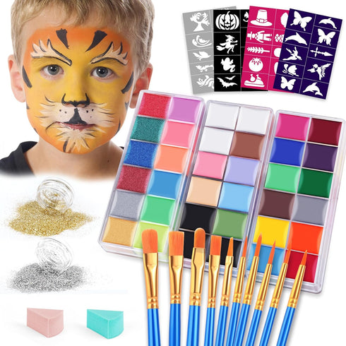 Face Painting Kit For Kids Party,32 Colors Professional Oil Face&Body Paint Kit with 10 Brushes 4 Reusable Face Stencils,2 Glitters and 2 Sponges ...