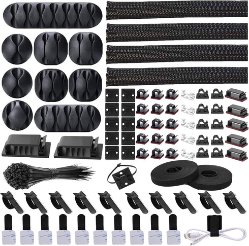 Cord Management Organizer Kit 4 Cable Sleeve split with 41Self Adhesive Cable Clips Holder, 10pcs and 2 Roll Self Adhesive tie and 100 Fastening C...