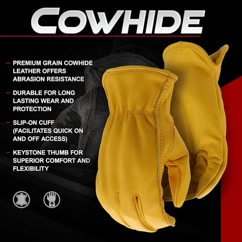 Boss Men's Durable Premium Grain Cowhide Leather Driver Work Glove, Abrasion Resistant, Durable, Keystone Thumb, Yellow, Large (B81021-L)...