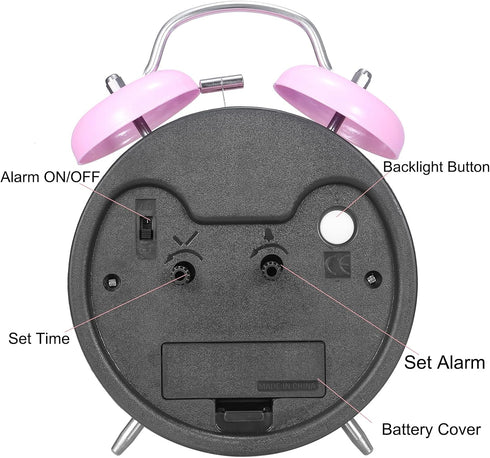 Retro Alarm Clock Battery Operated nightstand Clock,4 inch Twin Bell Backlight Alarm Clock for Bedroom,Desk,Bedside Loud Alarm Clock(Pink)...