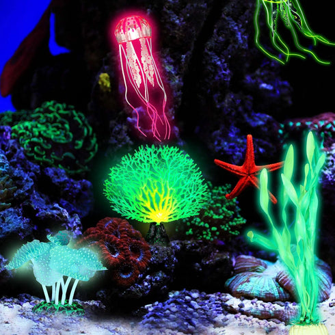 Frienda 8 Pieces Glowing Fish Tank Decorations Plants with 2 Style Glowing Kelp, Sea Anemone, Simulation Coral, Jellyfish, Lotus Leaf, Mushroom fo...