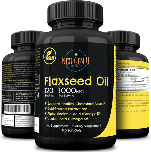 Next Gen U Flaxseed Oil w/Omega 3, 6, 9, Cold Pressed Dietary Health Food Supplement 1000 mg 120 Vegan Softgels...