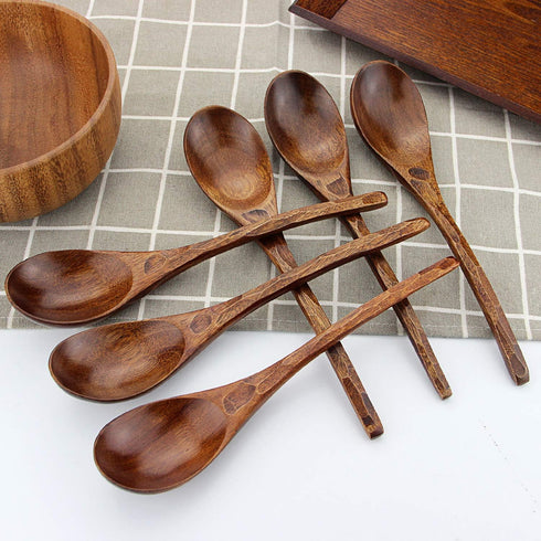 Soup Spoons,AOOSY Wooden Soup Spoons, 6 Pieces 7.84 inches Japanese Ramen Spoons Round Nanmu Wood Long Handle Rice Dessert Cooking Tasting Dinner ...