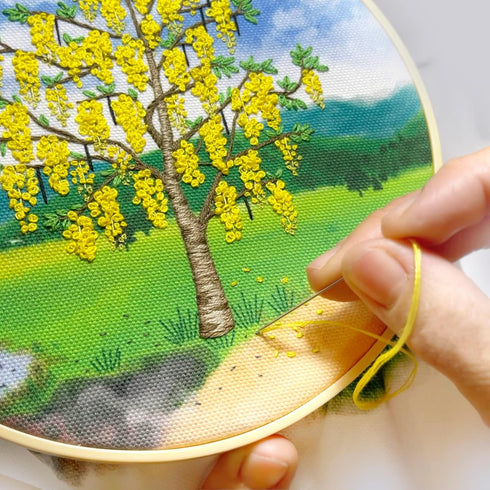 B.Embroidery Hand Sewing kit with Pattern and Full Instructions, Blossom Golden Shower Tree Embroidery Starter kit with a Colorful awhite Backgrou...