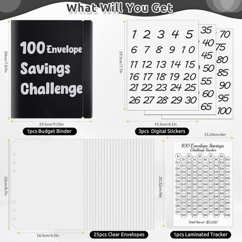 100 Envelopes Money Saving Challenge Binder, A5 Plastic Budget Binder with Cash Envelopes, Savings Binder for Planning and Saving $5050, Black...